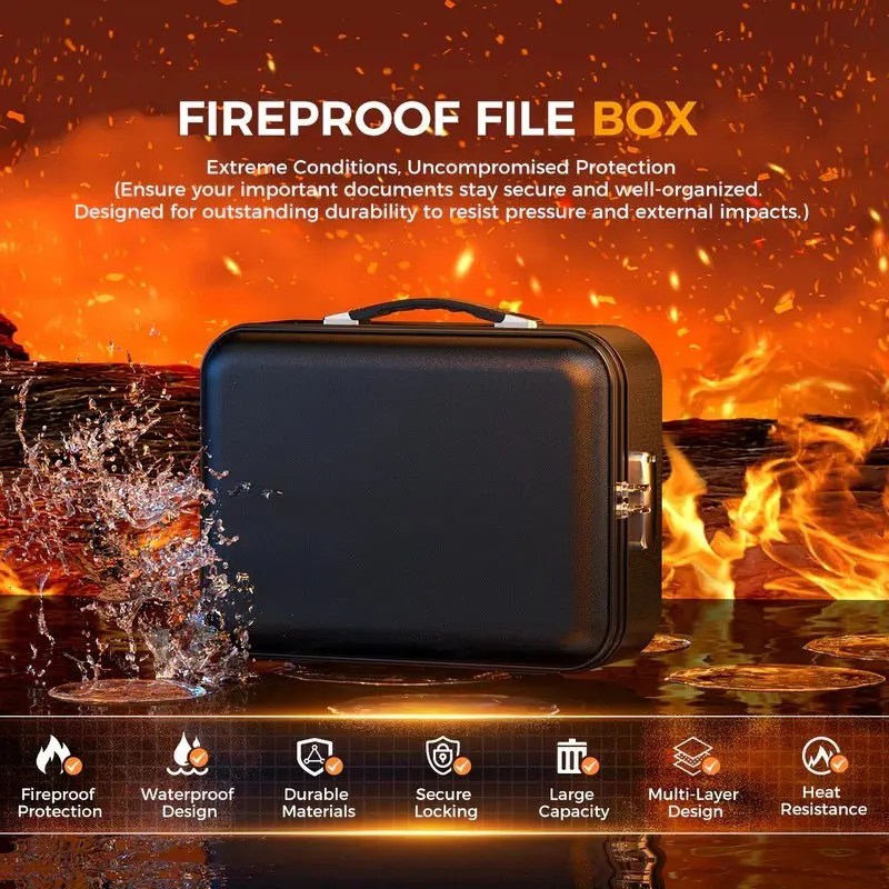 Fireproof Document Box w/ Accordion Organizer & 3-Digit Lock, UL Certified Fireproof Safe, Heat & Water Resistant Storage Case for Papers, Certificates, Cash, Passports, Valuables, Portable Security Organizer for Home, Office & Emergency Storage Use, Blac