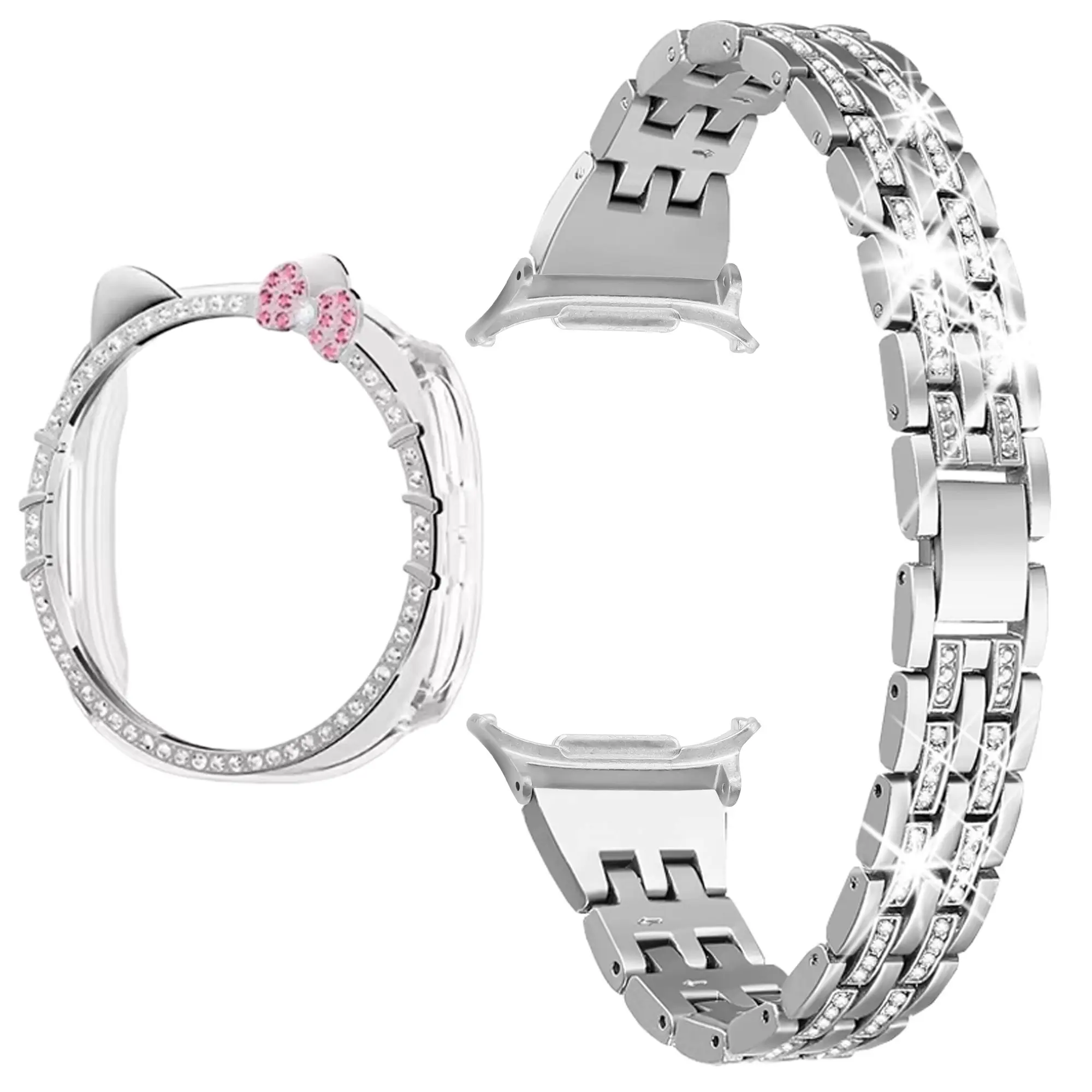 Bling Band with Case Compatible for Samsung Galaxy Watch 8/9 40mm 44mm, Women Diamond Butterfly Metal Bracelet Rhinestone Strap with Protector Case