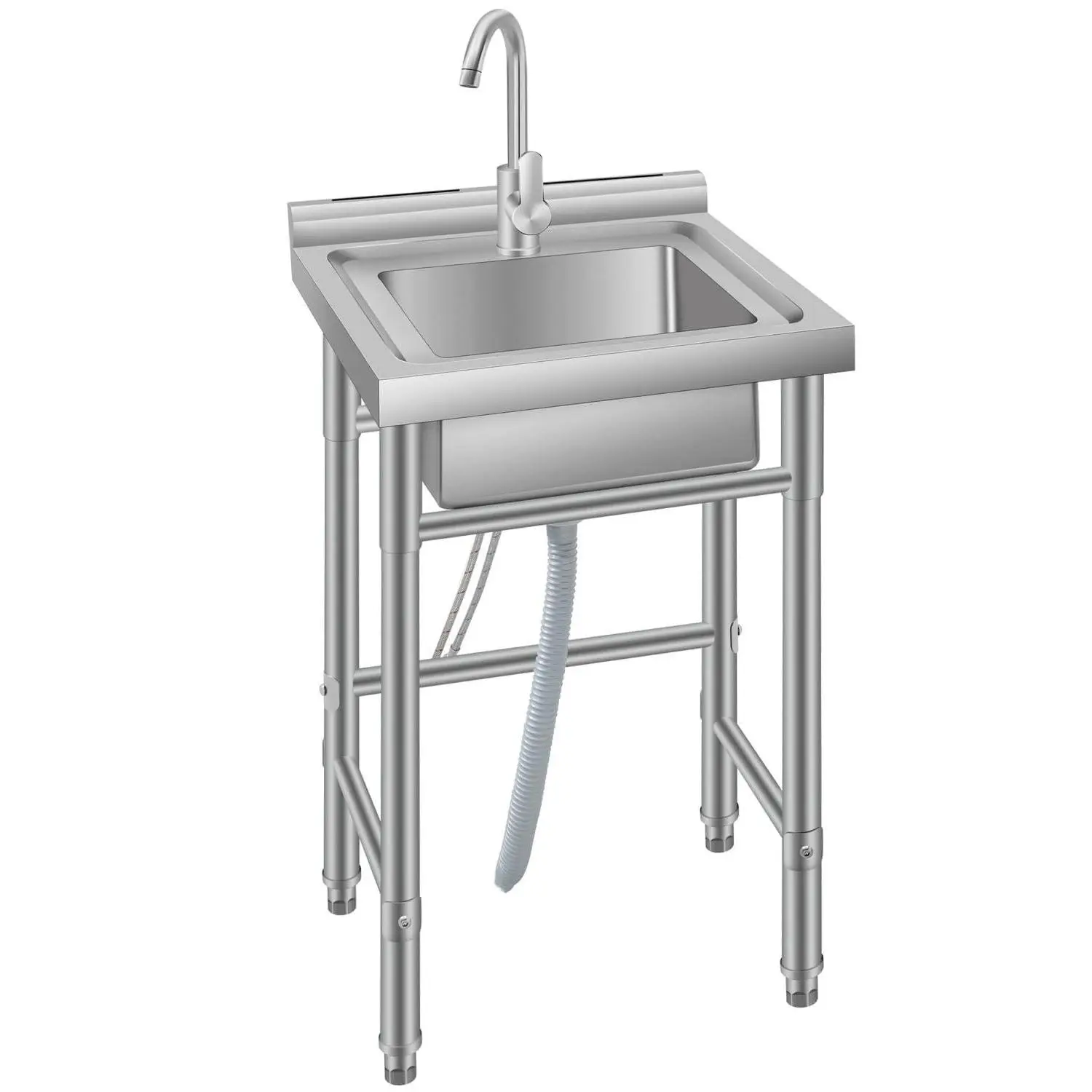 Corrosion-Resistant Brushed Stainless Steel Rectangular Basin Sink Workbench, Freestanding Commercial Kitchen Fixture, 13.6" x 11.7" x 0.5" Deep Bowl, Pull-Out Faucet, Storage Shelf, Adjustable Legs, Easy Clean, 2.1-inch Backsplash, Pre-Drilled Kit