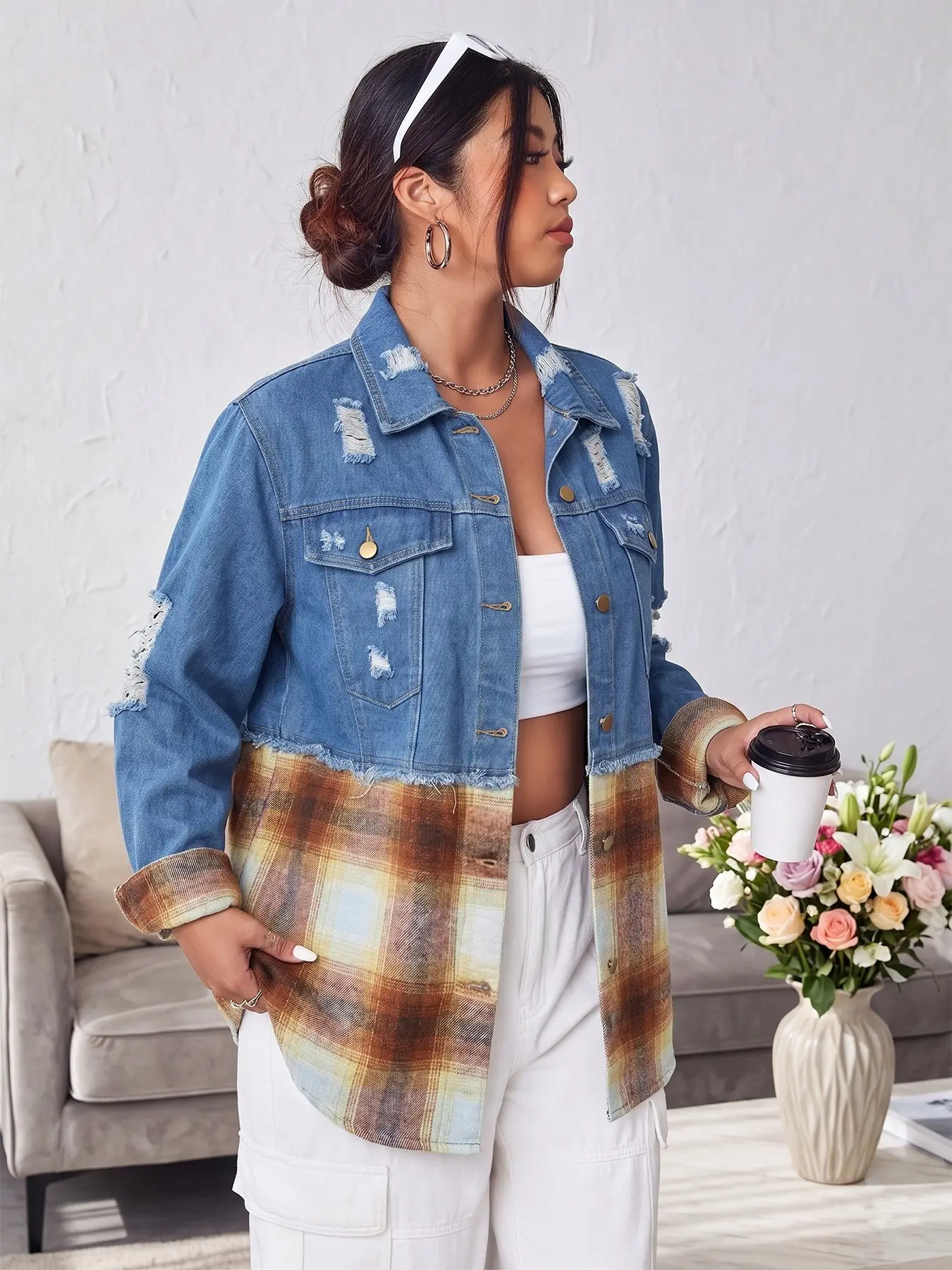 Plus Size Women's Fashion Checkered Patchwork Denim Jacket, Coats, Casual Elegant Colorblock Long Sleeve, Perfect for Shopping and Holidays