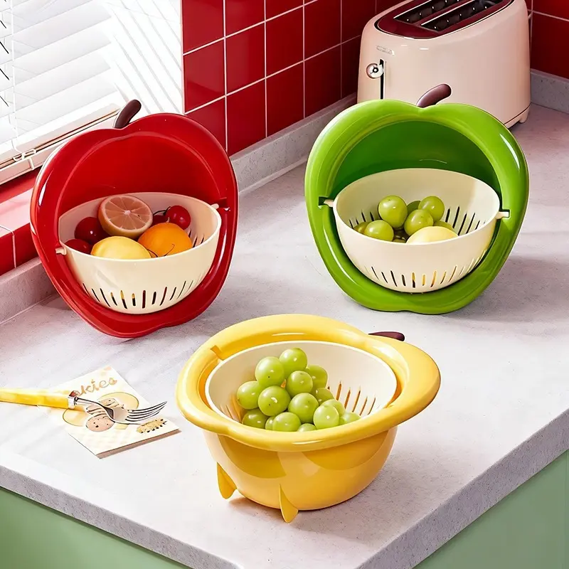 Apple-Shaped Double Layer Colander Basket, Bright Multi-Color, Hollow Drainage Design, Rotatable Inner Bowl, Multi-Purpose Kitchen Sieve for Fruit Washing, Vegetable Rinsing, Food Storing & Countertop Organizer Utensils