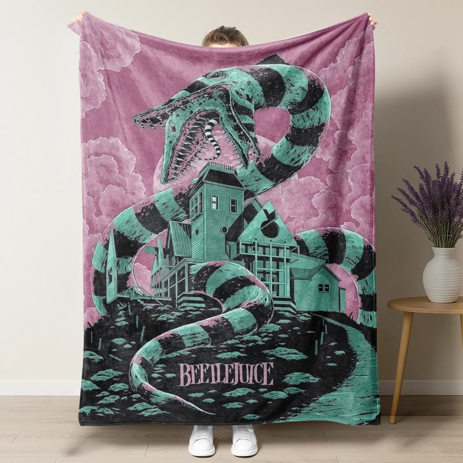 Dark Fantasy Serpent Haunted House Throw Blanket, Gothic Horror Purple Teal Monster Mansion Fleece Blanket, Retro Creepy Surreal Cozy Blanket for Spooky Home Decor