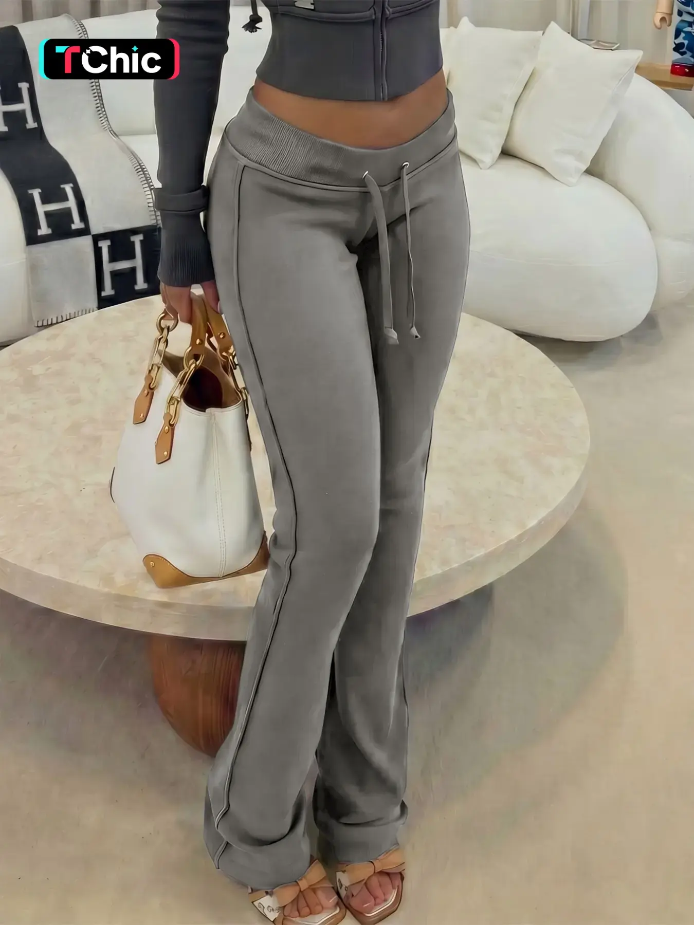 Casual Drawstring Hem High-Waist Micro Flare Women's Sweatpants, Comfortable Drape Dark Long Pants, Daily Commute & Leisure Sporty Bell Bottoms