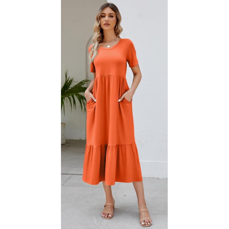 Summer Dresses for Women Flowy Maxi Sundress Short Sleeve Tiered Beach Dress with Pockets 2026 Vacation Travel new arrival fashion vacation beach outfit loose fit overall