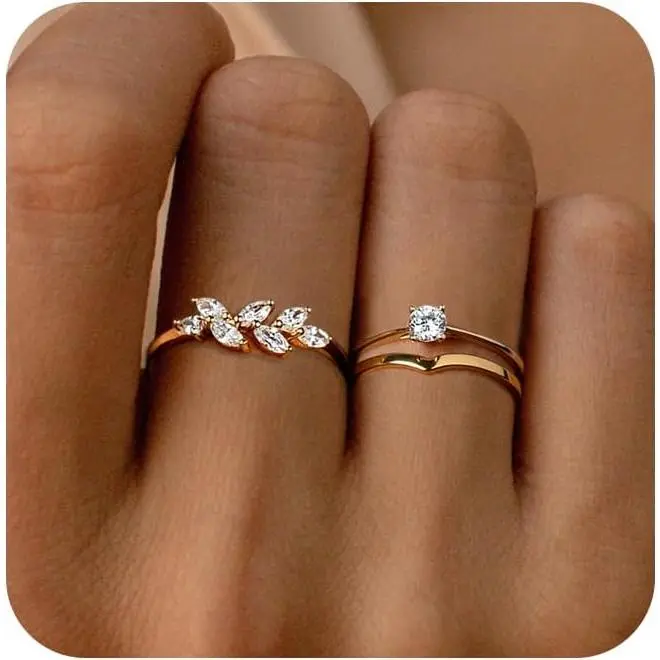 Stackable  Rings for Women, Dainty 14K  Plated Cubic Zirconia Stacking Rings Cute Thin  Ring Set Simple Wedding Rings for Women Non Tarnish Trendy   Size 6 7 8 9