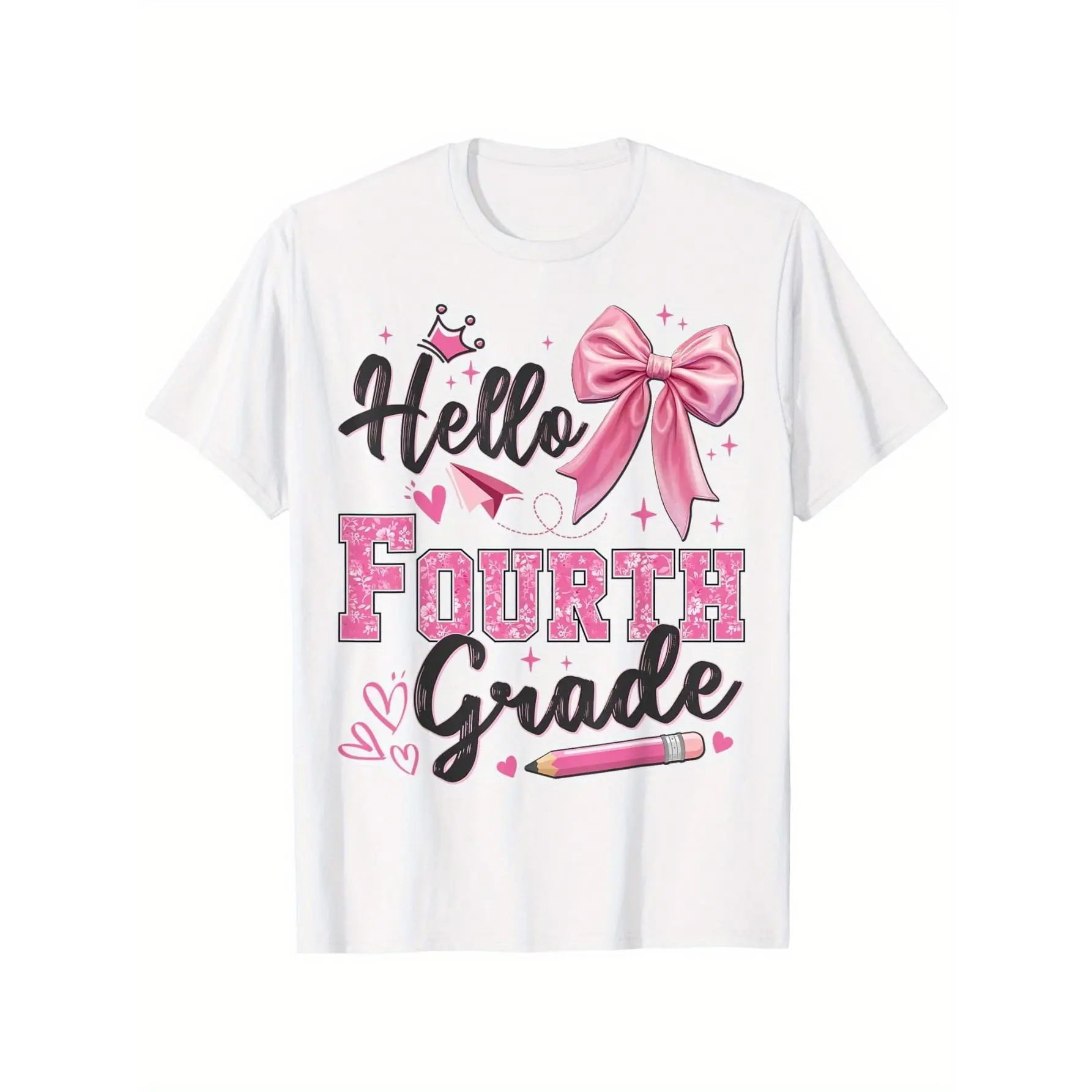 Girls Hello Fourth Grade School Shirt, Cute Bow Crown Pencil Graphic Tee, Short Sleeve Crew Neck Top for Kids Students Back to School Gift