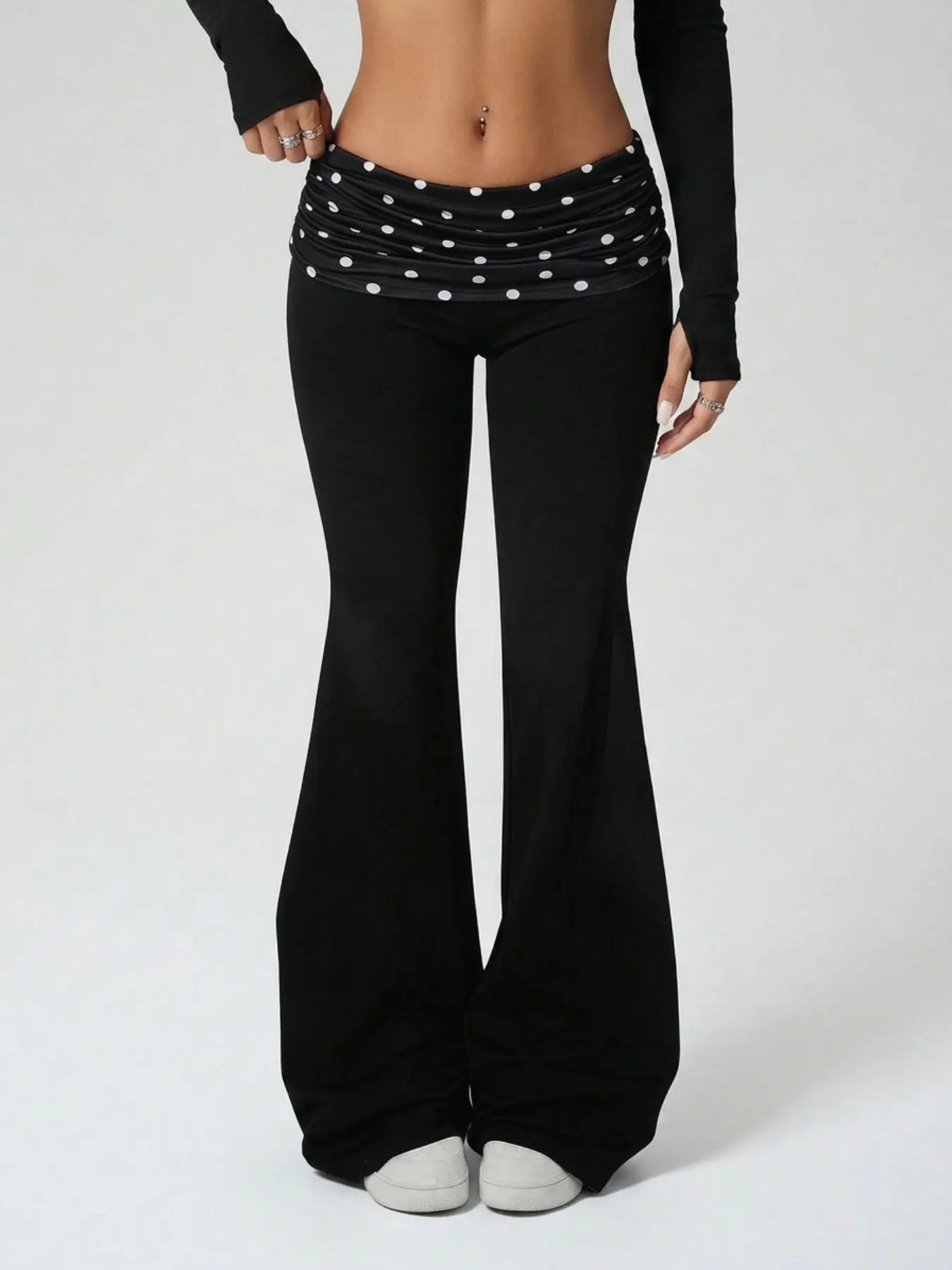 Women Black Dots Fold Over Waist Ruched Flare Pants High Stretch Slim Bootcut Y2K Trousers