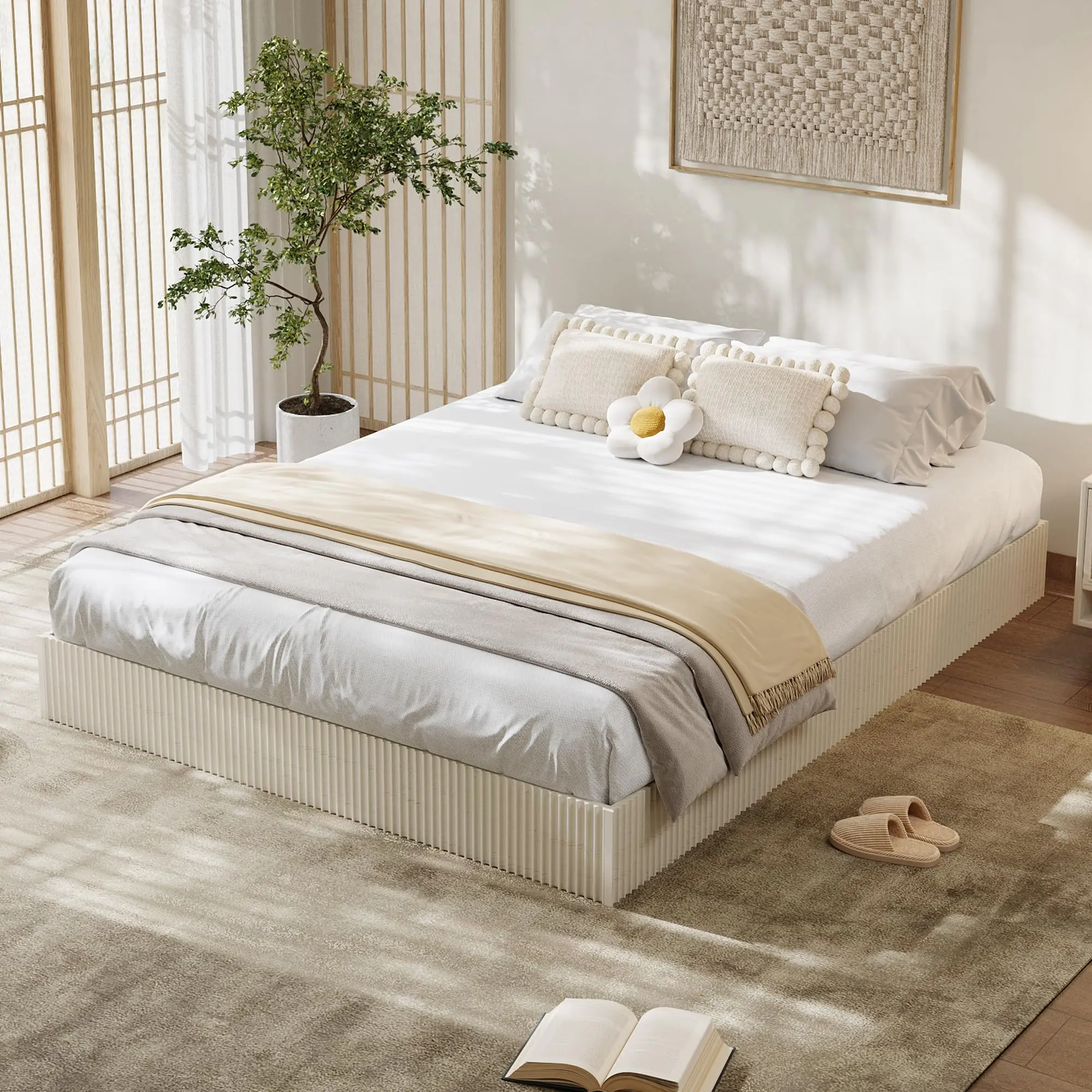 Minimalist Fluted Wave Wood Platform Bed Frame - Low Profile, Noise-Free, Easy Assembly, No Box Spring Needed, Space-Saving Storage