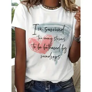 Women's "I've Survived Too Many Storms" Aesthetic T-Shirt - Cursive Lettering & Storm Phrase Print, Short Sleeve Crew Neck Casual Summer Spring Top, Medium-Stretch Fit Tee for Casual Attire & Storm Outfits (Machine Washable)