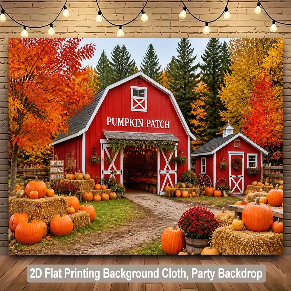 2D Flat Autumn Pumpkin Patch Red Barn Themed HD Digitally Printed Polyester Photography Backdrop, Soft Lightweight Foldable Cloth for Party, Portrait Photos, Product Photography