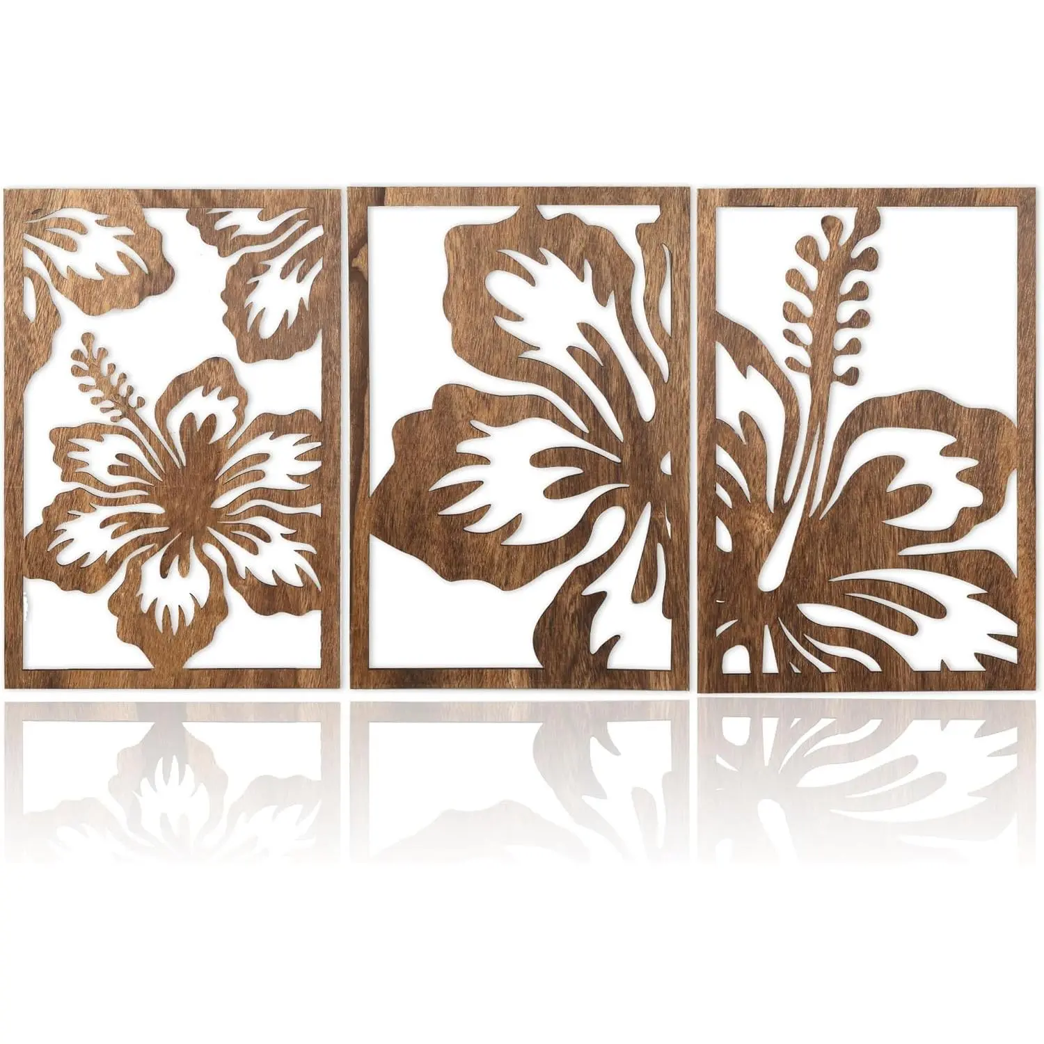 Motivilla 3 Pieces Wood Wall Art Floral Decor, 3D Layered Flowing Flower Wooden Wall Sculptures, Nature Inspired Hanging Aesthetic Decor for Living Room Bedroom Office (Dark Flower, Large)