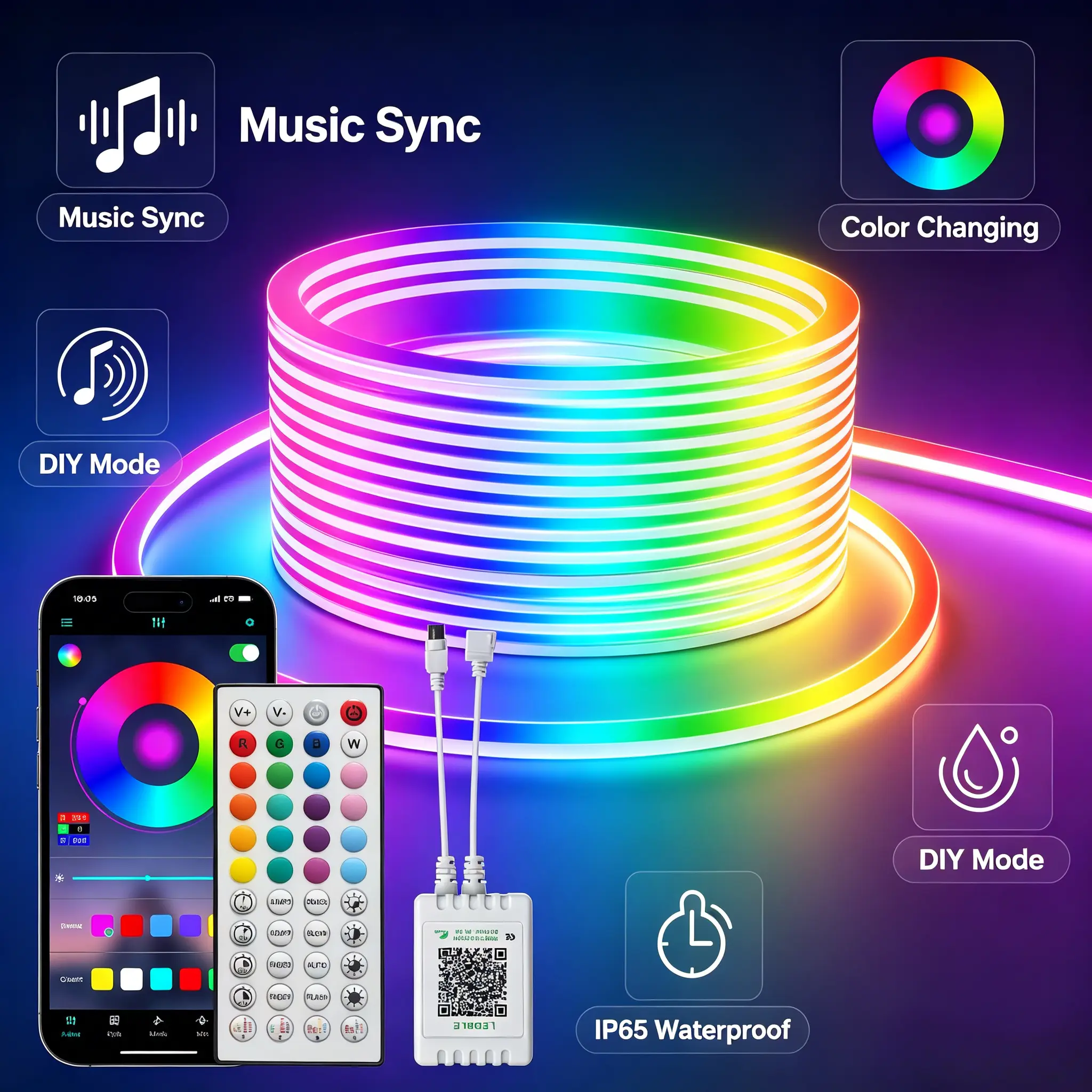 Flexible RGB LED Neon Rope Lights, Bluetooth & IR Remote Control, Music Sync, Waterproof for House Eaves, Party, Christmas Outdoor Home Decor fiber optic