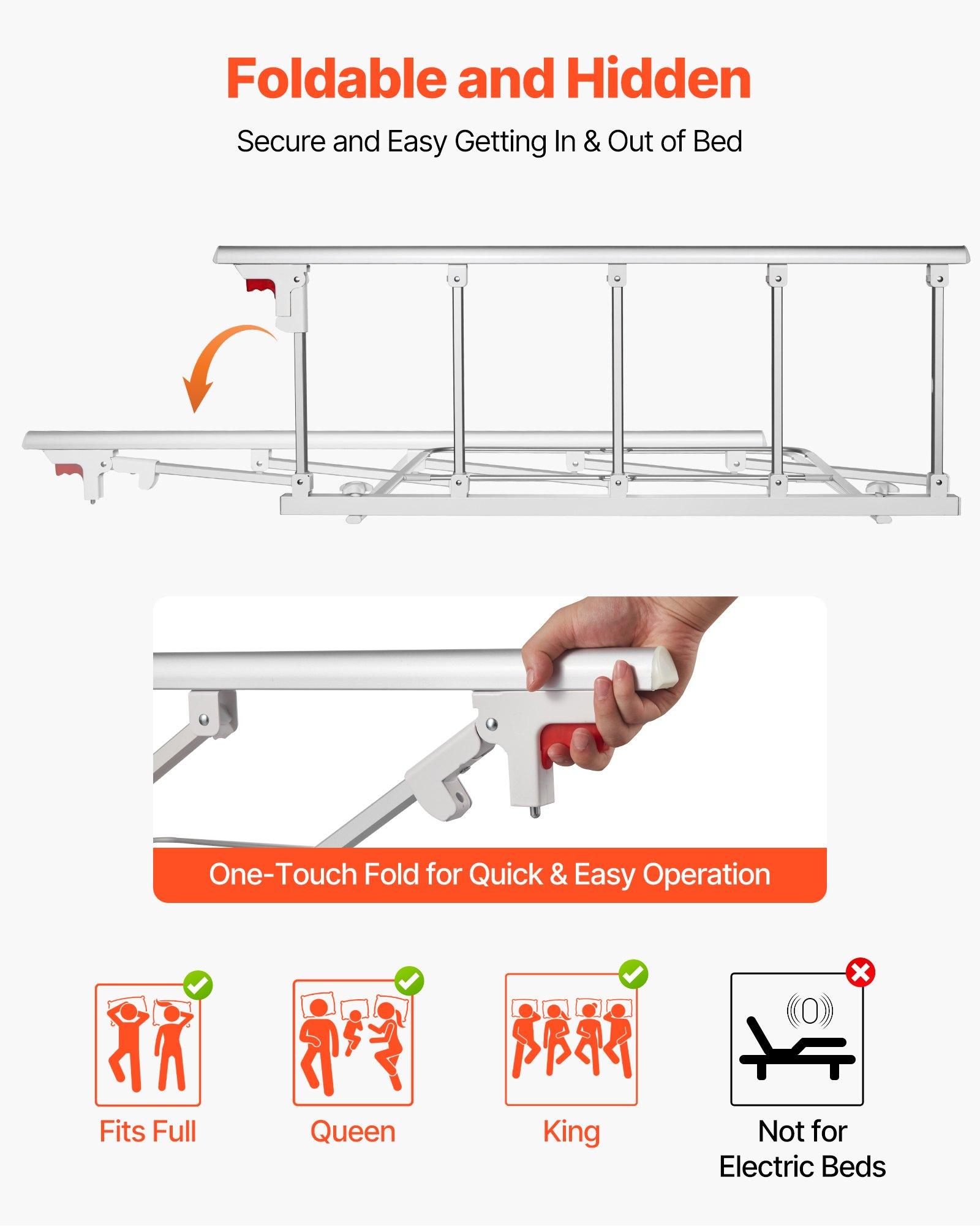 VEVOR Foldable Bed Rail for Elderly, 48 in Bedside Assist Rail with Fixing Strap, Adjustable Height Pipe Bedside Cane, High-Strength Metal Senior Bed Bar, Hand Guard Grab Fits King, Queen, Full, Twin