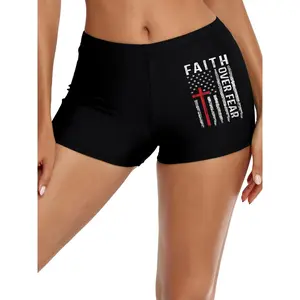 Women's High-Stretch Breathable Solid Color Swim Shorts - USA Flag Faith Family Freedom Print Beachwear for Poolside & Summer Outings