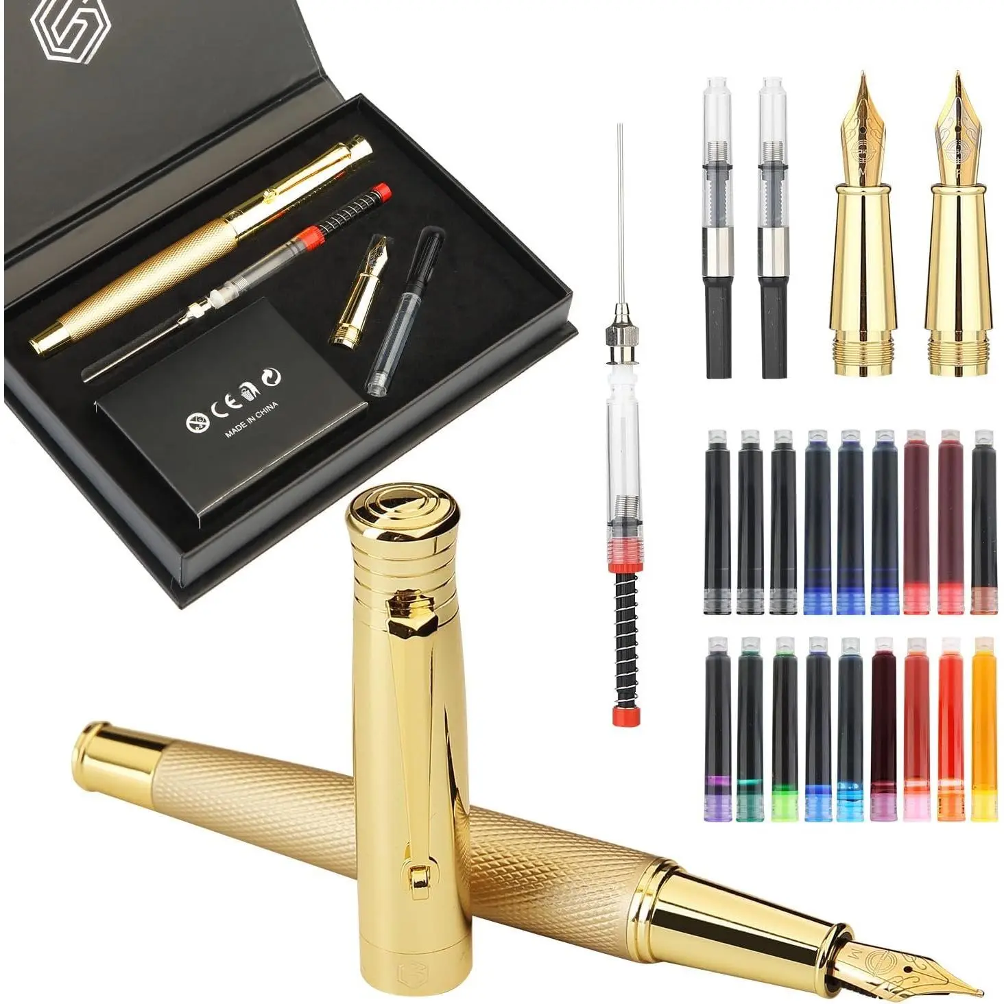 Fancy Fountain Pen Set – Fine and Medium Nibs, 18 Ink Cartridges, Ink Converter,  Filler, Luxury Pen  for Men Women, Nice Pen for Writing Journaling ()