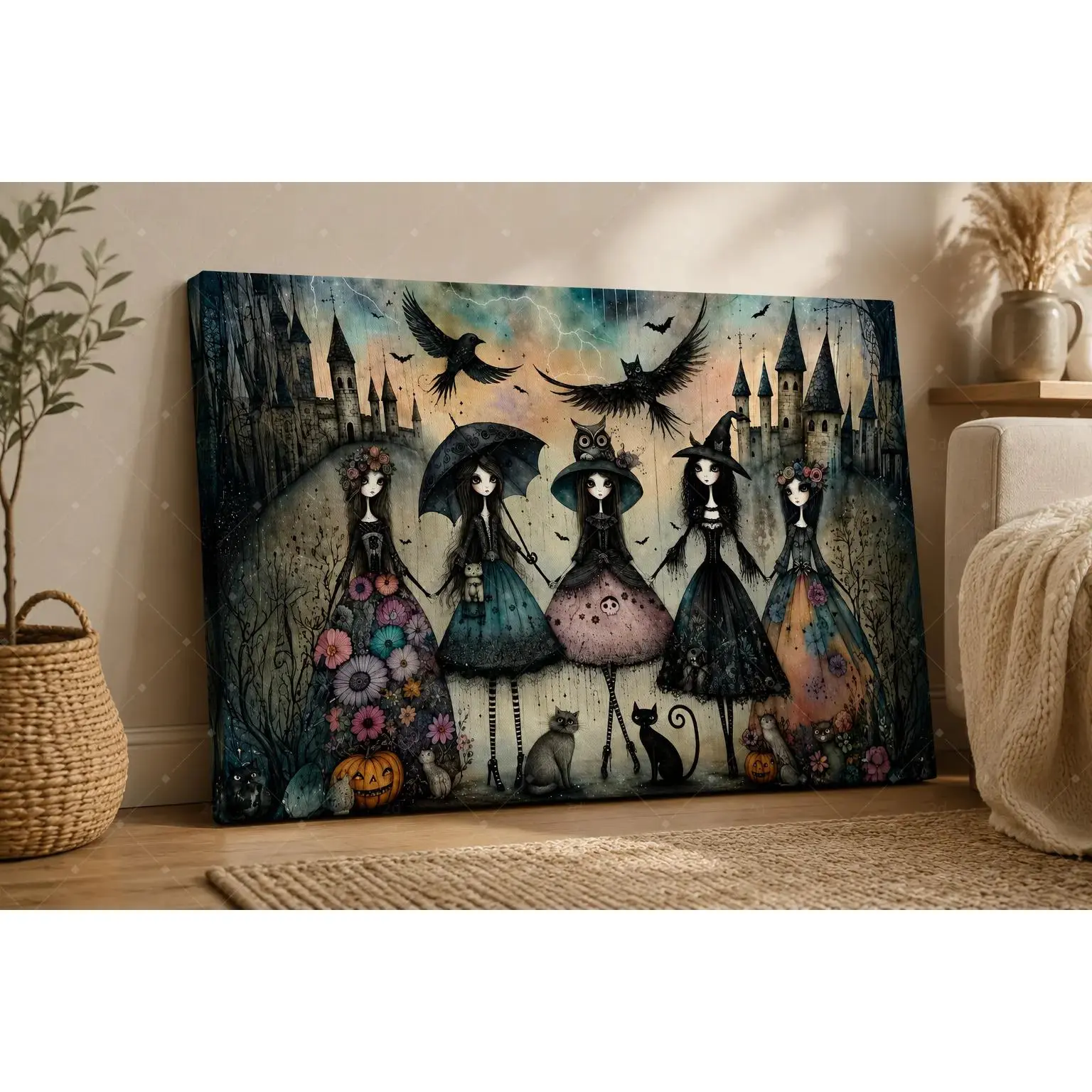 Trendy Decor Poster Print, Vintage Gothic Witch Girls Castle Crow Owl Cat Canvas Wall Art, Dark Whimsical Halloween Floral Spooky Painting For Bedroom Tattoo Shop Bar Dorm Apartment Wall Decor, Available as Unframed Canvas Poster or Framed Canvas Wrap