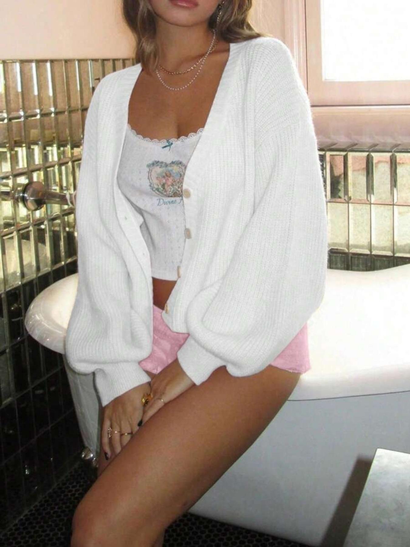 Women's Button Front Lantern Sleeve Loose Fit Cardigan Sweater, Autumn/Winter Casual Solid Color V Neck Lightweight Cozy Soft Fashion Knit Cardigan, Women Fall Outfit, Cute Sweater for Women, Women Winter Cardigan, Knitwear