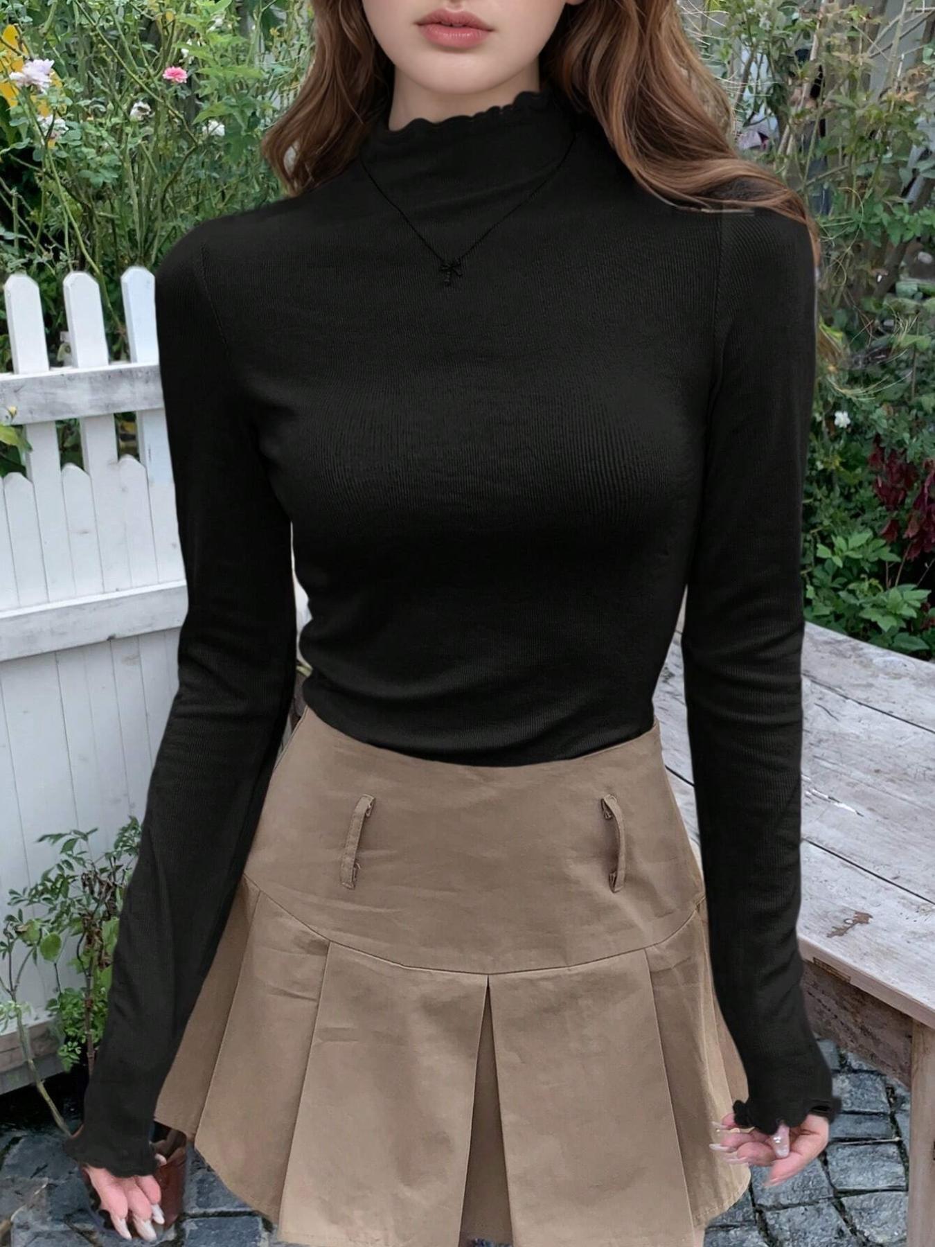 Women's Solid Lettuce Trim Mock Neck Tee, Casual Long Sleeve T-shirt for Spring & Fall, Women's Clothing for Everyday Wear, Top, Womenswear, Fit