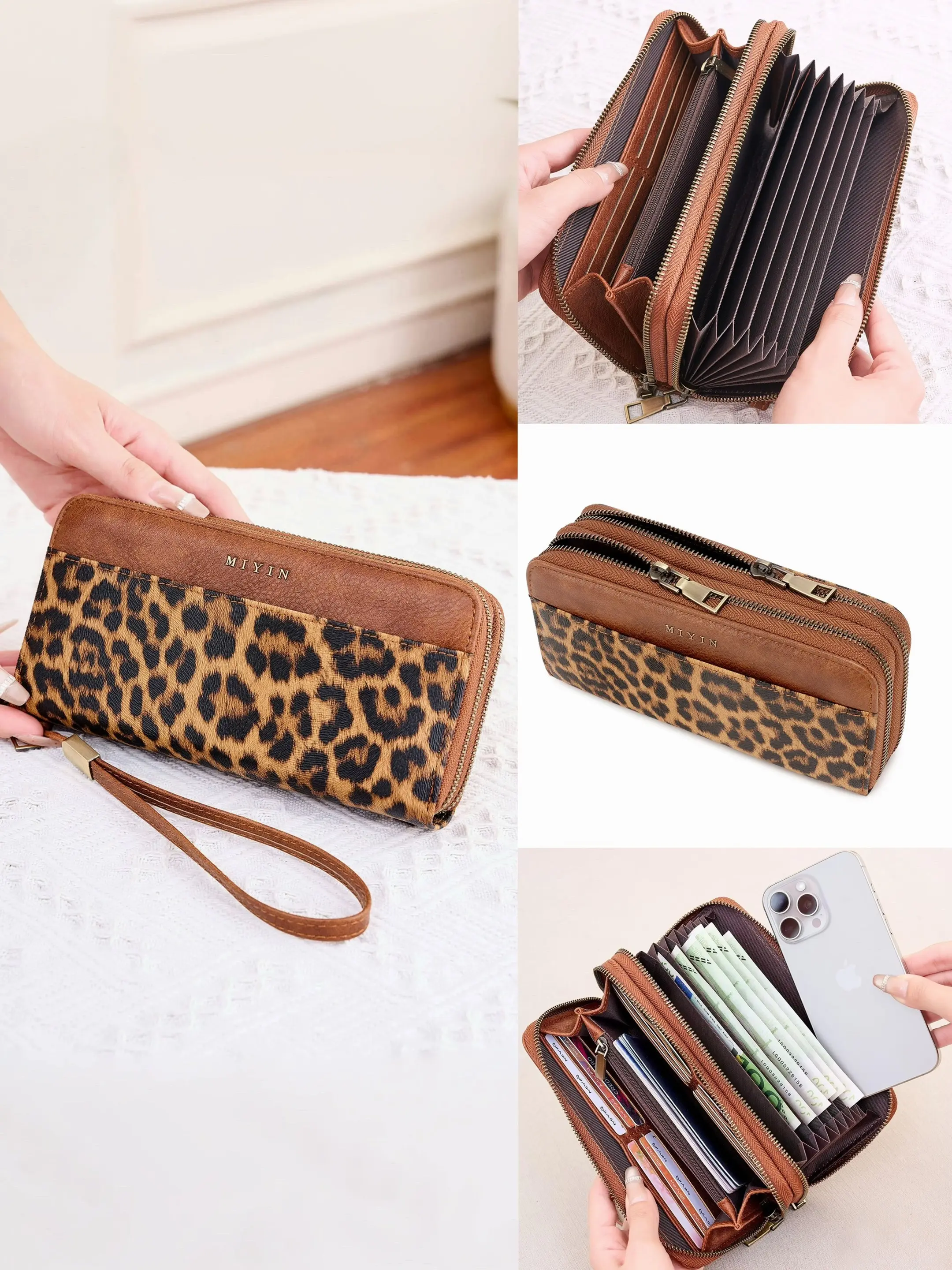 Women RFID Blocking Double Zipper Long Wristlet Wallet, Leopard Print & Solid Color PU Leather Clutch Purse, Large Capacity Accordion Multi‑Card Slots Phone Wallet With Wrist Strap for Daily Travel