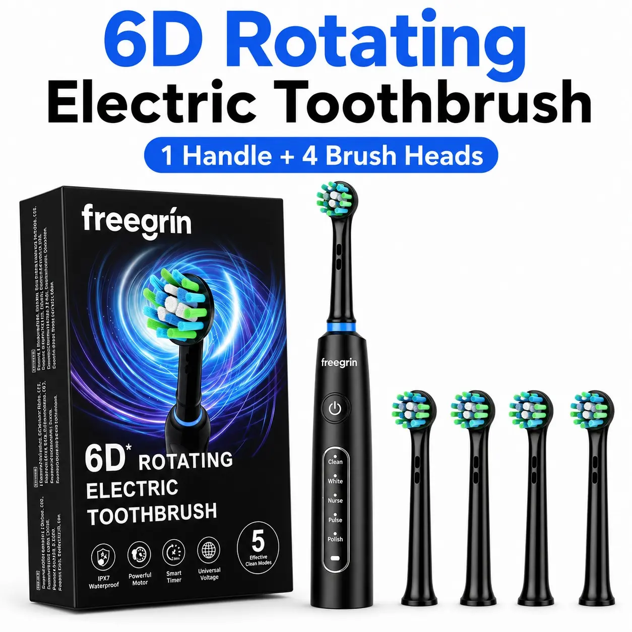 Freegrin Ultimate 6D Deepclean Rechargeable Rotating Toothbrush for Sensitive Teeth, Power Toothbrush, Rechargeable Electronic Toothbrushes, 4 Heads Included, Deep Cleaning Mode, New Condition
