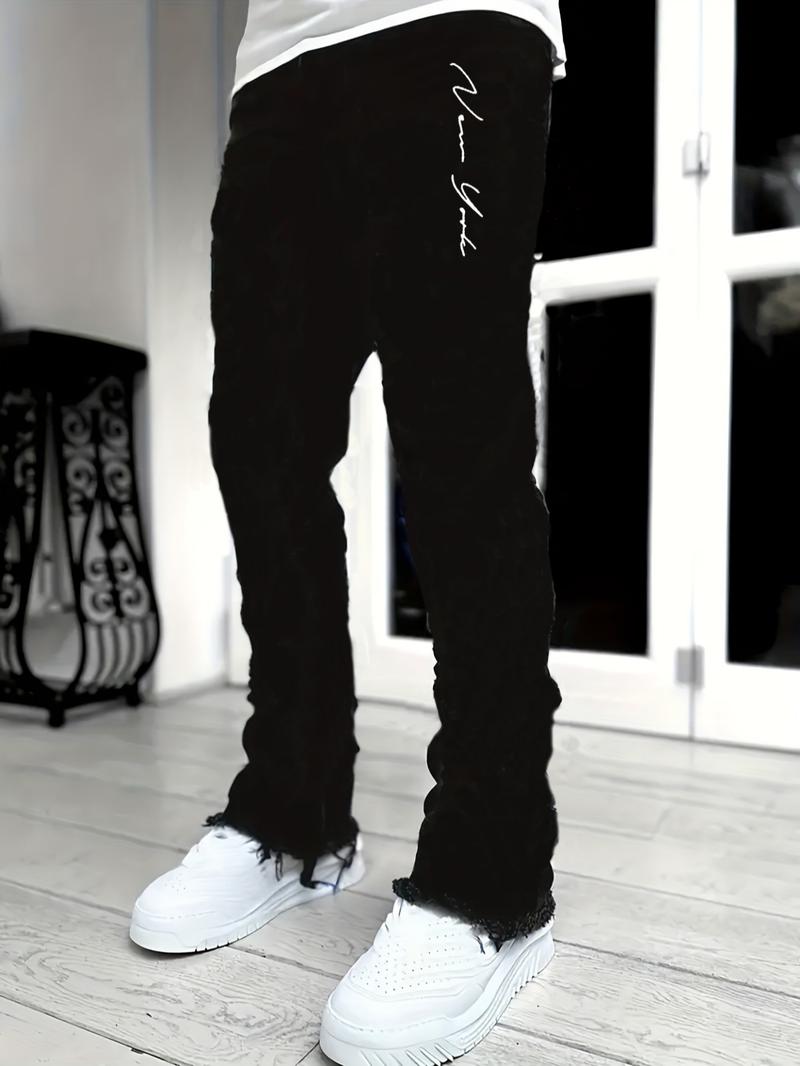 Men's Regular Fit Letter Print Flare Leg Jeans, Street Fashion Casual Comfy Denim Pants for Daily Wear, Mens Bottoms for All Seasons