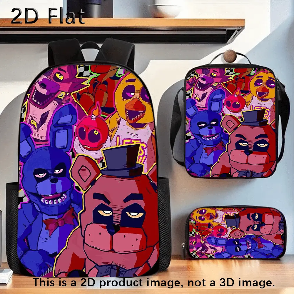 Kids' 3-Piece 5 Nights at Freddy’s All Animatronics Neon Outline School Backpack Set with 15in Laptop Bag, Lunch Box, Pencil Case, Waterproof, Durable, Lightweight, Spacious, Zipper Closure, Soft Padded Straps, School Supplies