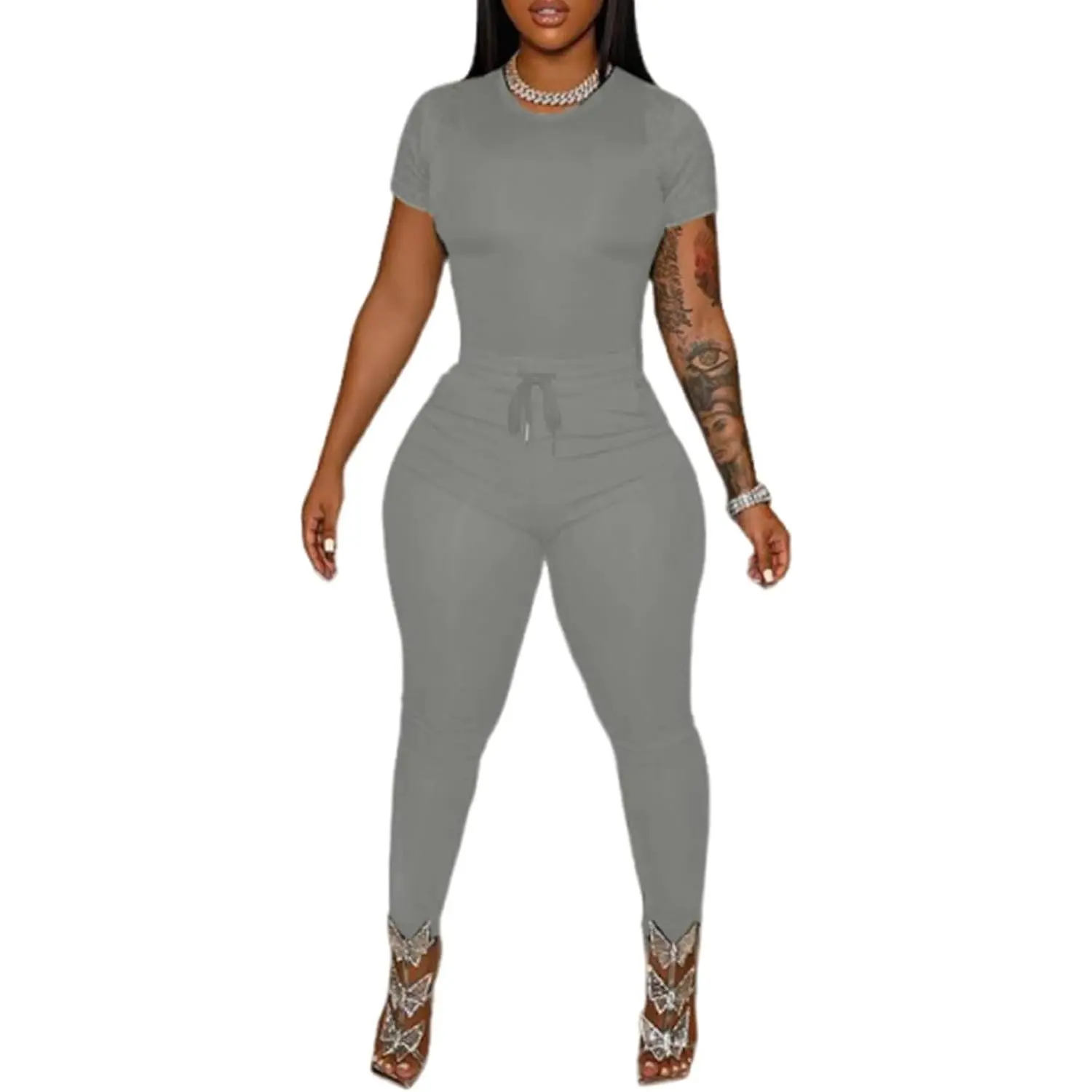 Womens Two Piece Outfits Bodycon Tracksuit Sweatsuits Solid Jogger Biker Workout Gym Lounge Short Sleeve Pant Sets