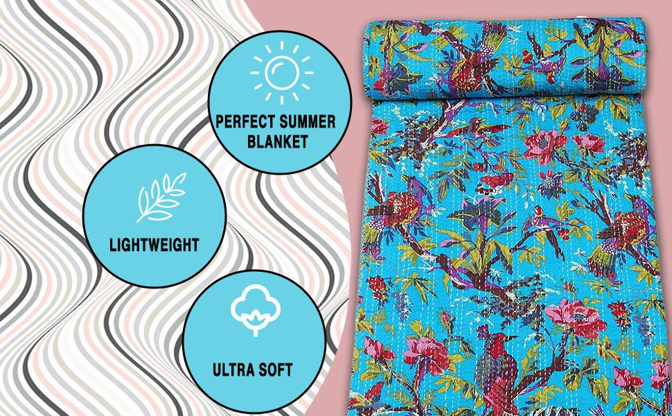 Indian Stitched Pure Cotton Bohemian Bird Print Kantha (Navy, Twin (60"x 90"))