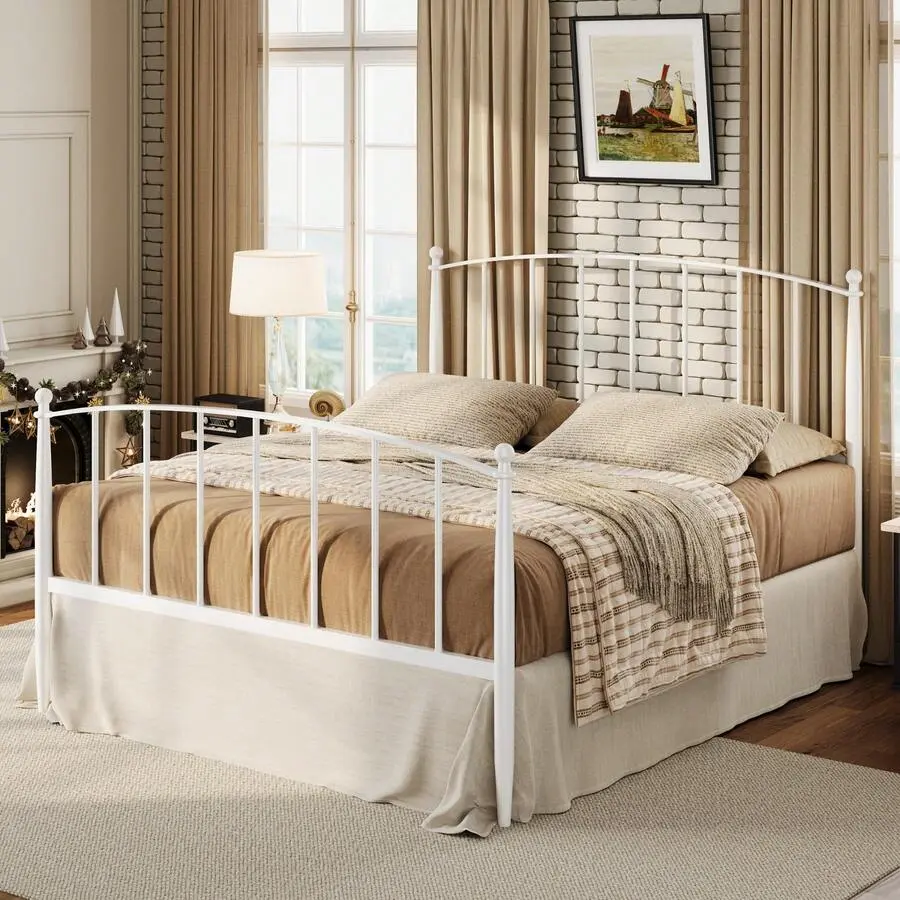 White Full/Queen Size Metal Platform Bed Frame with Classic Art Headboard & Higher Footboard, Stable, Easy Setup, No Box Spring Needed, Indoor Furniture Headboard Bed Frame, Queen Size Bed Frames