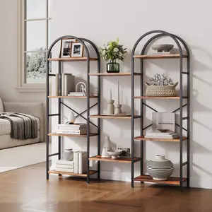 63" Tall Industrial Arched Triple‑Column 4‑Tier Bookshelf, Metal & Wood Bookcase with 11 Open Display Shelves for Living Room Bedroom Office