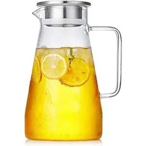 Large Heat Resistant Glass Pitcher with Stainless Steel Lid, Water Carafe with Handle, Good Beverage Pitcher Homemade Juice and Iced Tea, 1800ml/61oz