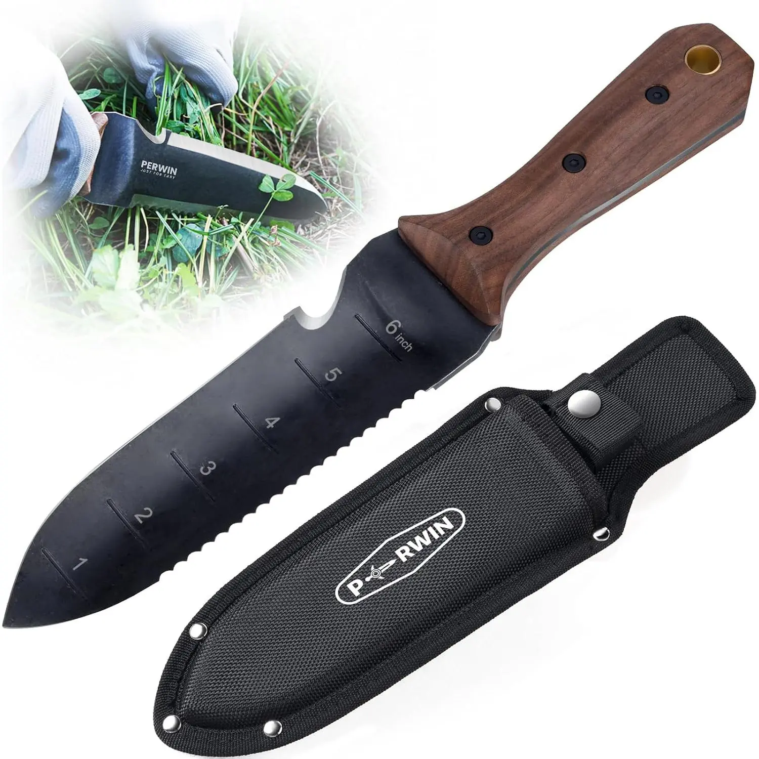 Hori Hori Garden Pruning Knife with Sheath - 7" Stainless Steel Blade, Full-Tang Wood Handle with Hole for Planting, Digging