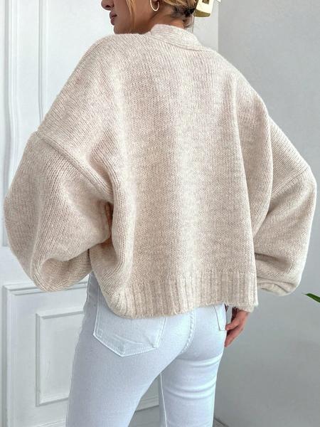 Women's V Neck Lantern Sleeve Sweater, Casual Loose-Fit Knitted Cardigan, Fall & Winter Fashion, Plain Color, One Button Design, Knitwear