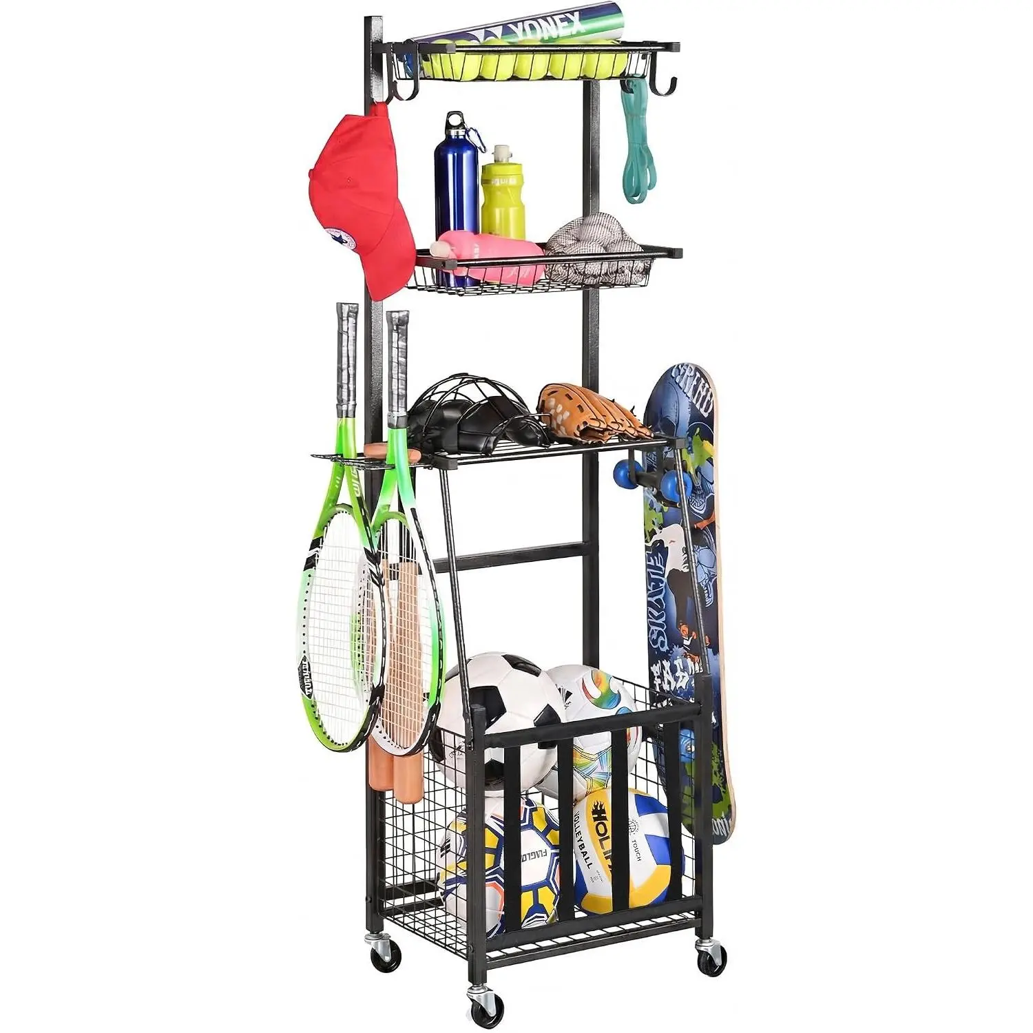 Sports Equipment Storage for Garage, Indoor/Outdoor Sports Rack for Garage, Ball Storage Garage Organizer with Basket and Hooks,Toy/Sports Gear Storage