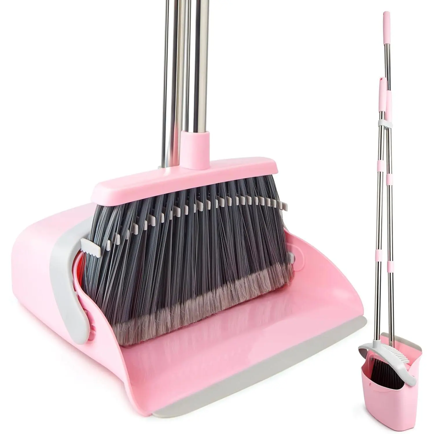 Plastic Broom and Rectangular Dustpan Combo Set - Long Handle Standing Floor Cleaner with Comb Teeth, Multifunctional Home Cleaning Tool for Kitchen, Office (Pink Gray), No