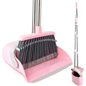 18ACTIVEKITBroom and Dustpan Combo Set, Long Handle and Standing Dust Pan with Comb Teeth, Efficient Floor Cleaning for Kitchen, Outdoor, Dorm, Apartment, Office Lobby (Pink Gray)