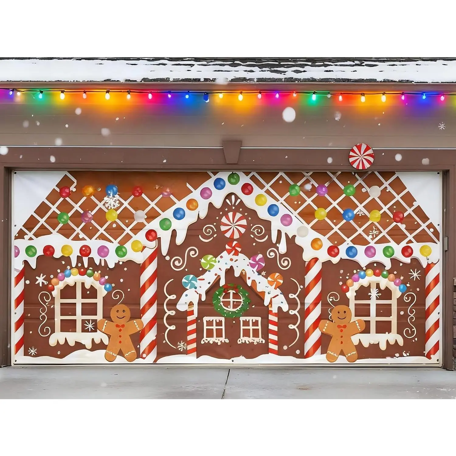 6.4 x 14.6 ft Christmas Gingerbread House Garage Door Decoration Gingerbread House Candy Door Banner Cover Backdrop for Xmas Holiday Outdoor Wall Decor Party