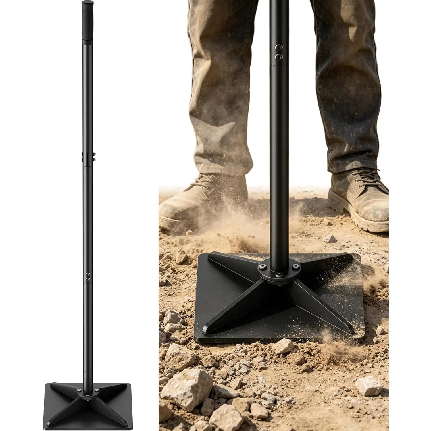 Heavy Duty Steel Hand Tamper, 8"x8" Soil Plate Compactor with 44" Adjustable Handle & Rubber Grip, Anti-Loose Ladscaping Tools for Ground, Gravel, Dirt, Sand, Asphalt, Pavers, Blacktop, Black