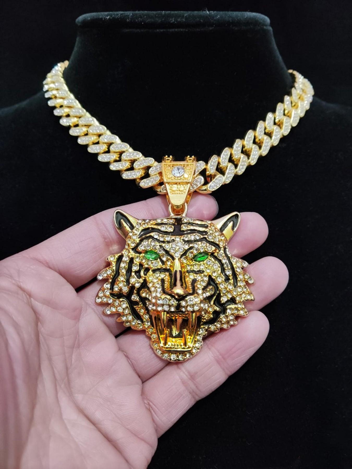 Hip Hop Luxury Rhinestone Tiger Shaped Pendant Necklace for Men & Women, Summer Chunky Cuban Chain Necklace, Streetwear Necklace, Cuban Link Chain, Gift for Girlfriend