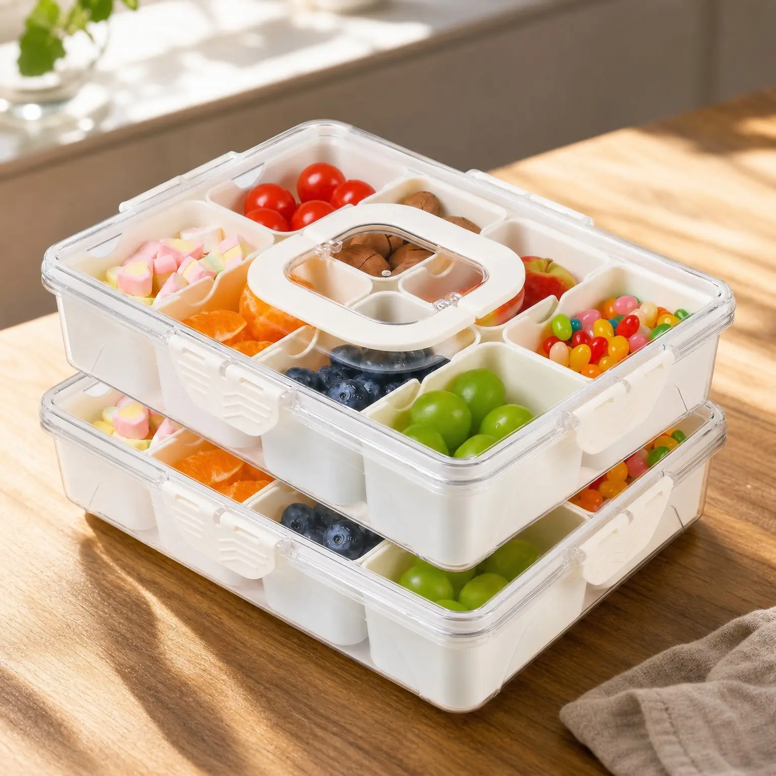 2 Pack Snackle Box Containers - Dishwasher Safe Divided Serving Tray with Lid, Portable Charcuterie Board for Snack Platters, Clear Organizer with Handle for Fruits and Snacks, Perfect for Road TravelGift
