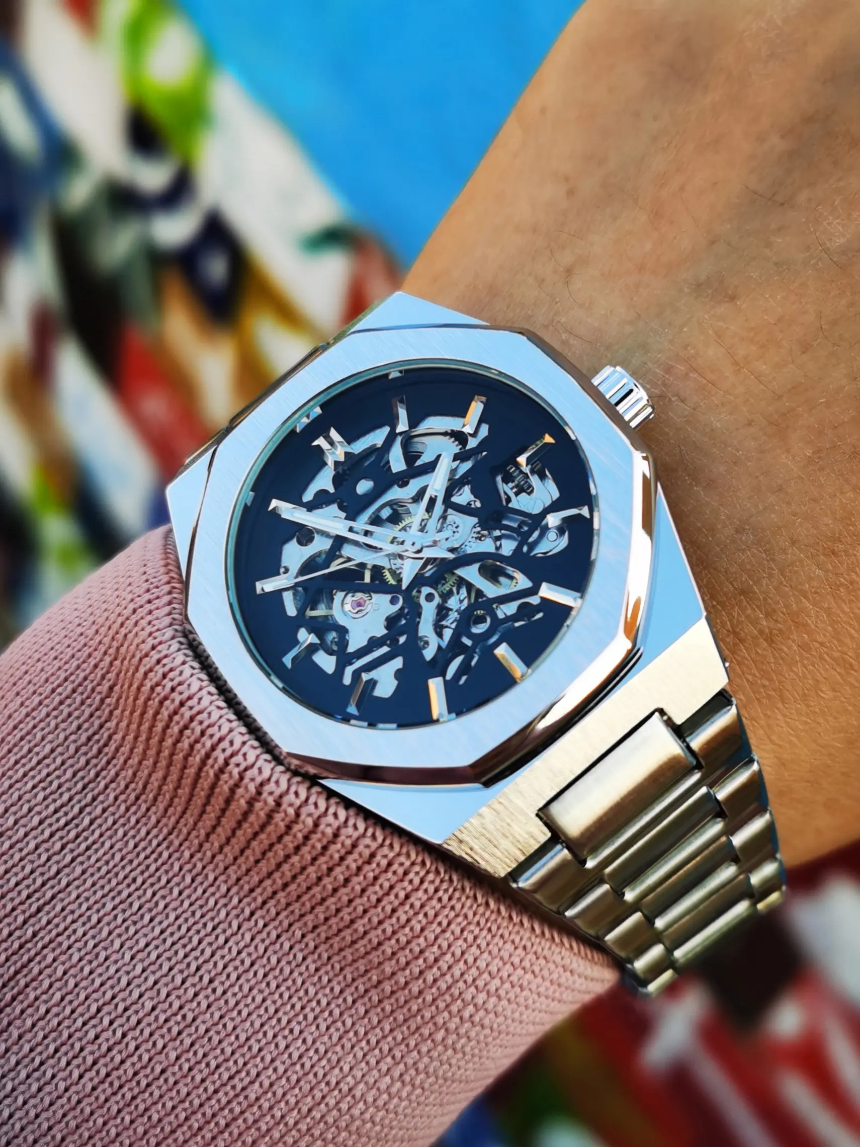 1pc Fashion Skeleton Automatic Mechanical Watch for Men Luminous Hands Stainless Steel Strap Business Casual Mens Watches Top Brand Luxury Wristwatches