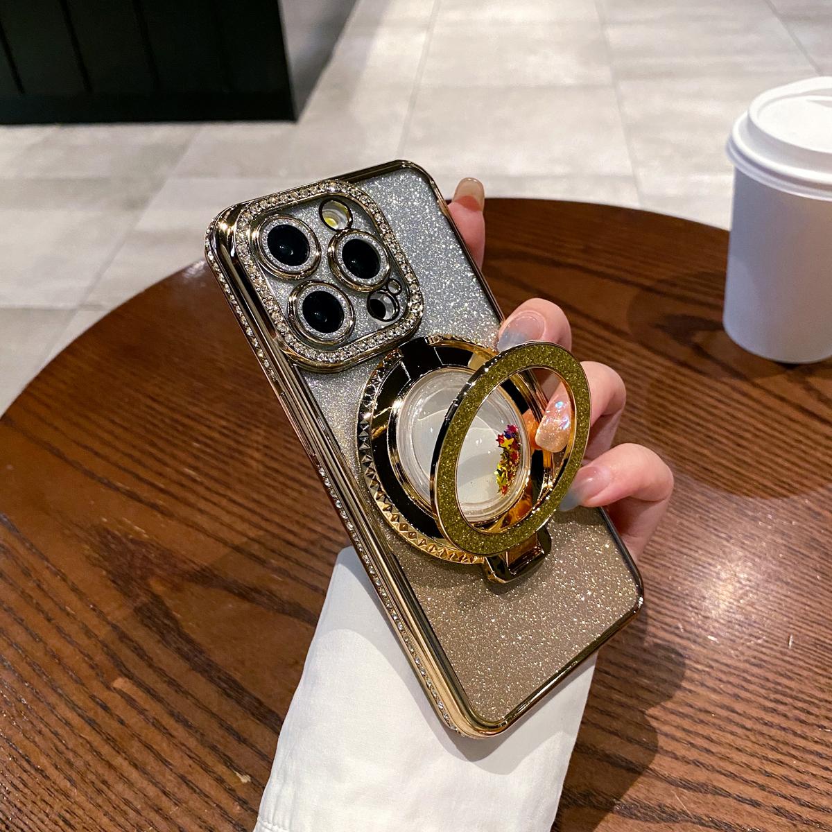 OREKROY Glitter Kickstand Case for iPhone 16 15 Pro Max 16 Plus 15/14/13/12, Luxury Bling Sparkly Diamond Rhinestones with Camera Protector Liquid Flowing Ring Stand TPU Bumper Women Girls Case Gift