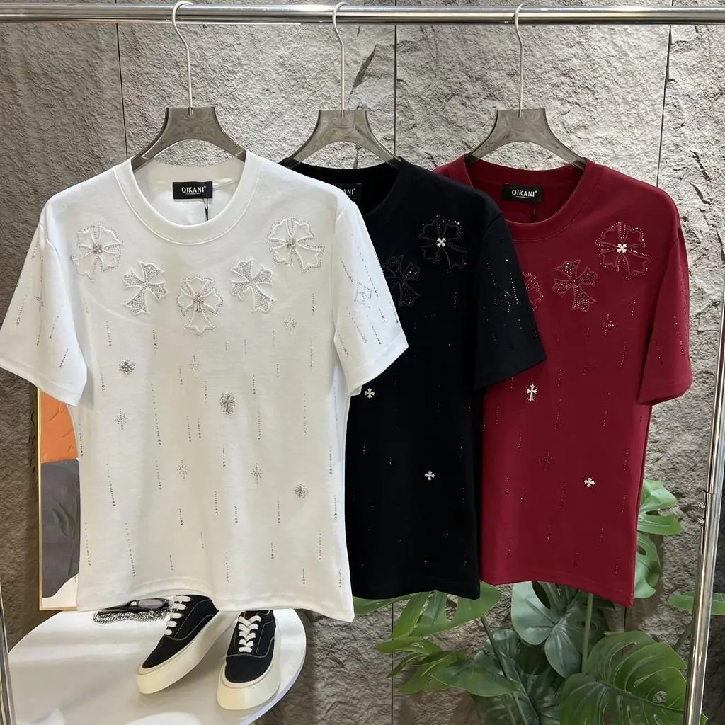 Men's Rhinestone Cross Floral Embroidery Short Sleeve T-Shirt, Sparkly Crystal Distressed Crew Neck Tee, Y2K Streetwear Casual Top 3 Colors White Black Red