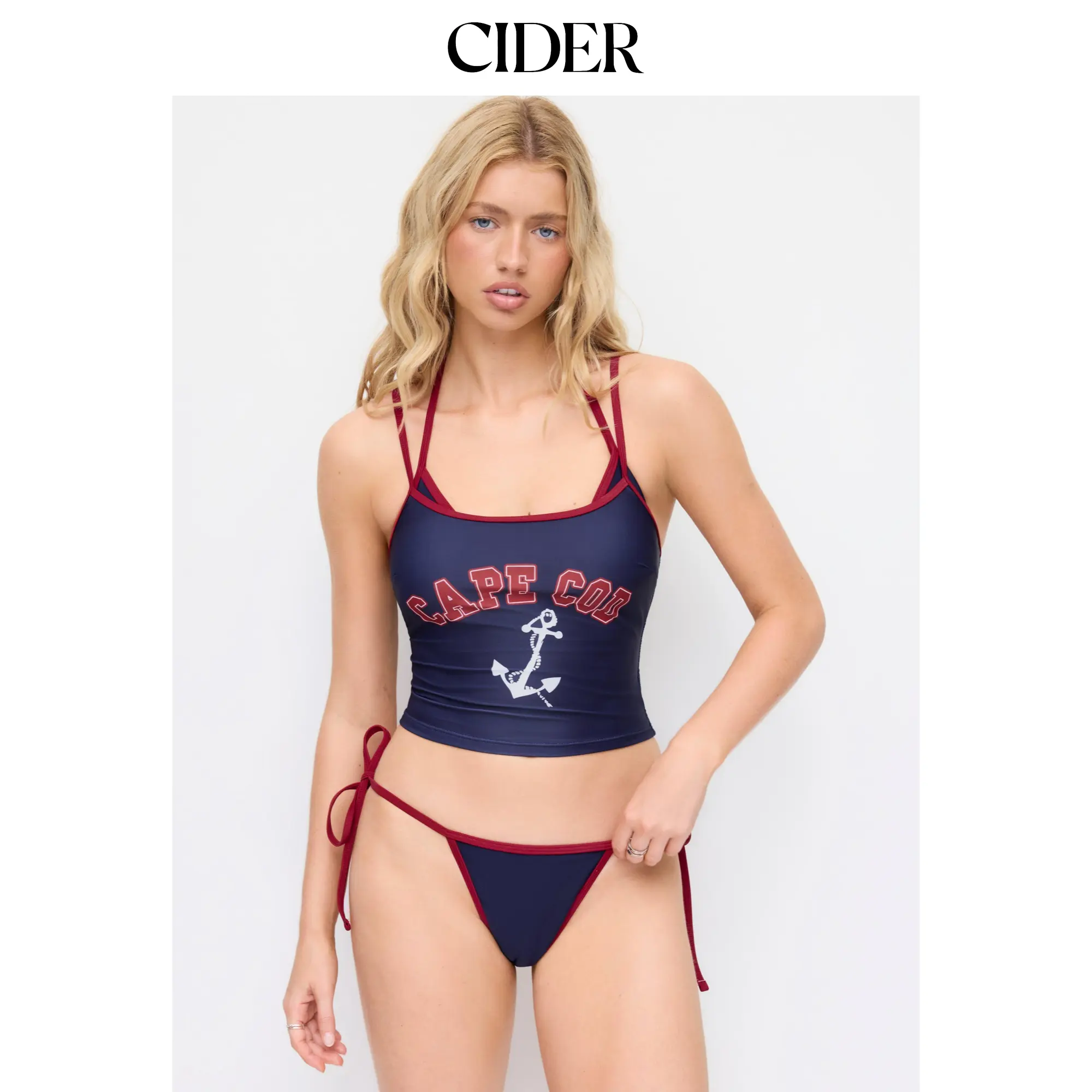Cider Cape Cod Graphic Halter Neckline Low Rise Contrast Binding 3-Piece Bikini Set