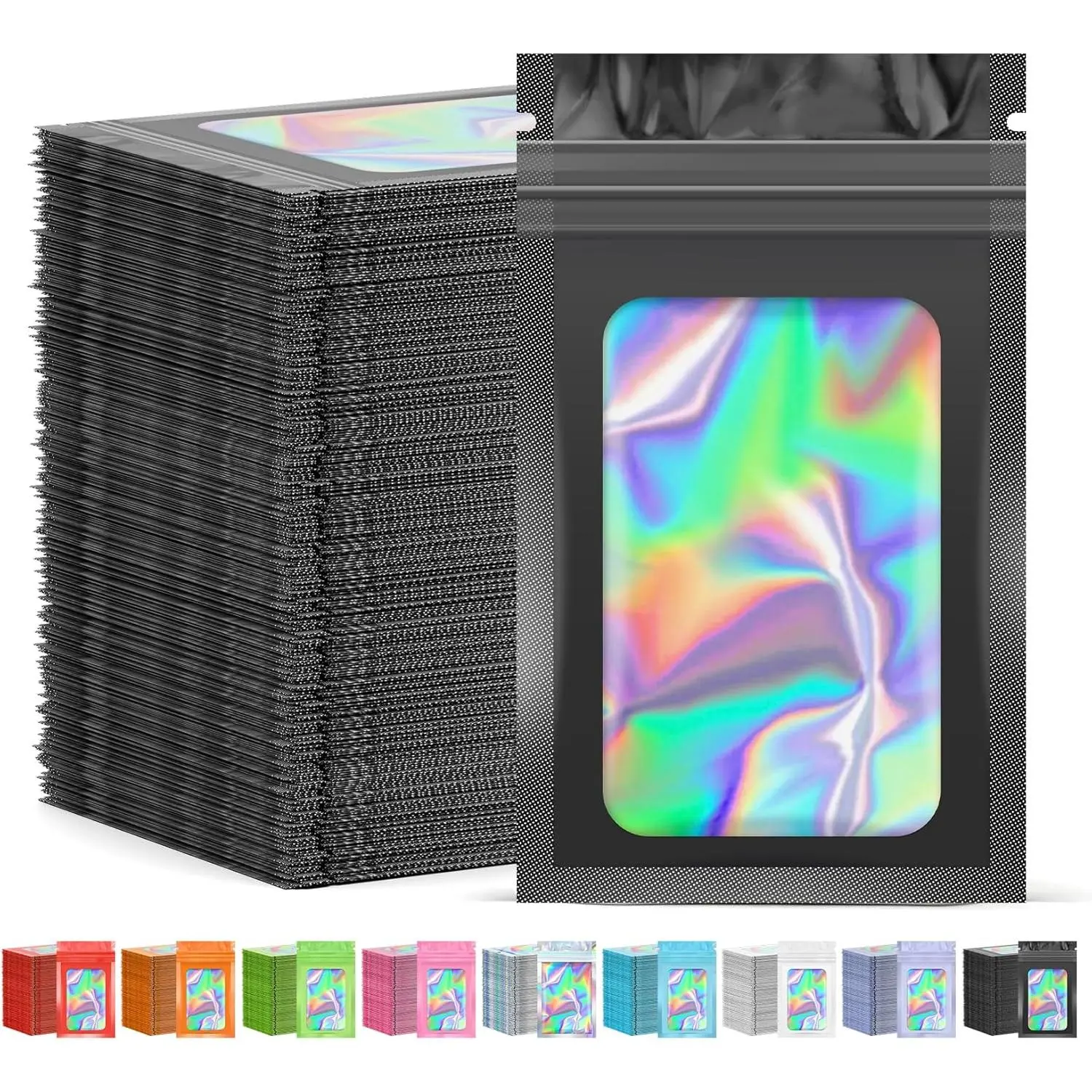 300 Pcs Mylar Bags, Smell Proof Bags Foil Pouch, Holographic Resealable Bags for Small Business, Candy Sample Jewelry Bag Sealable Packaging for Party Favor Food Storage (2.4x3.9in-Black)