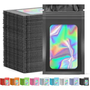 300 Pcs Mylar Bags, Smell Proof Bags Foil Pouch, Holographic Resealable Bags for Small Business, Candy Sample Jewelry Bag Sealable Packaging for Party Favor Food Storage (2.4x3.9in-Black)