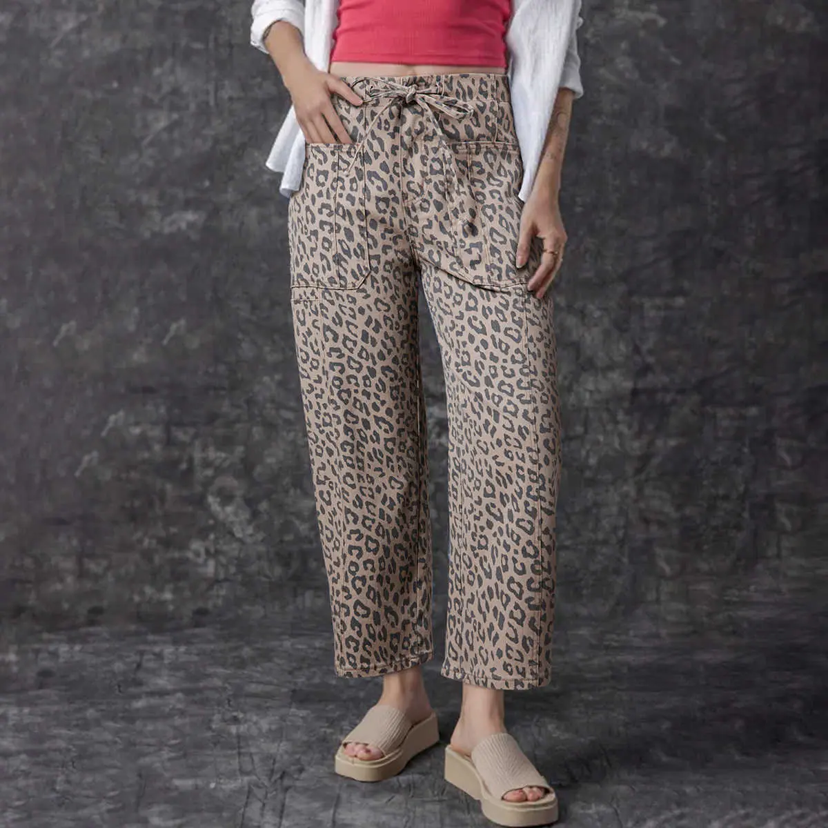Women's Khaki Leopard Printed Baggy Cropped Barrel Jeans - Drawstring Elastic Waistband, Pocketed, Women's Bottoms
