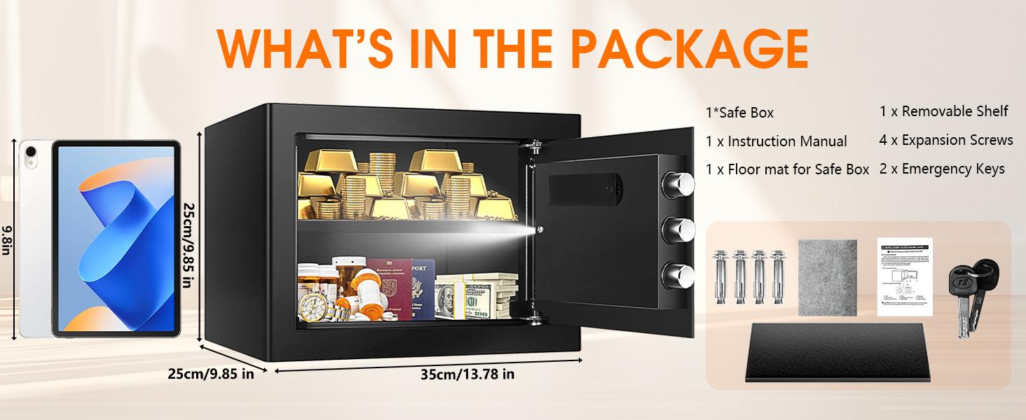 1.4 CUFT Small Fireproof Safe for Home Use, Security Personal Safety Box Fireproof Waterproof with Digital Keypad, Spare keys, Removable Shelf, Medium Safe Lock Box for Money, ID document, Dorm,home essentials