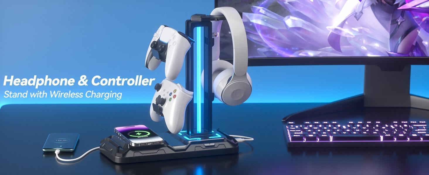 STANDARD GOODS GJ     P-CPS019    Headphone & Controller Stand with Wireless Charging - Rotatable Headset Stand with 9 Light Modes - Controller Holder with 2 USB and Type C Ports - for Gamers Desktop Accessories