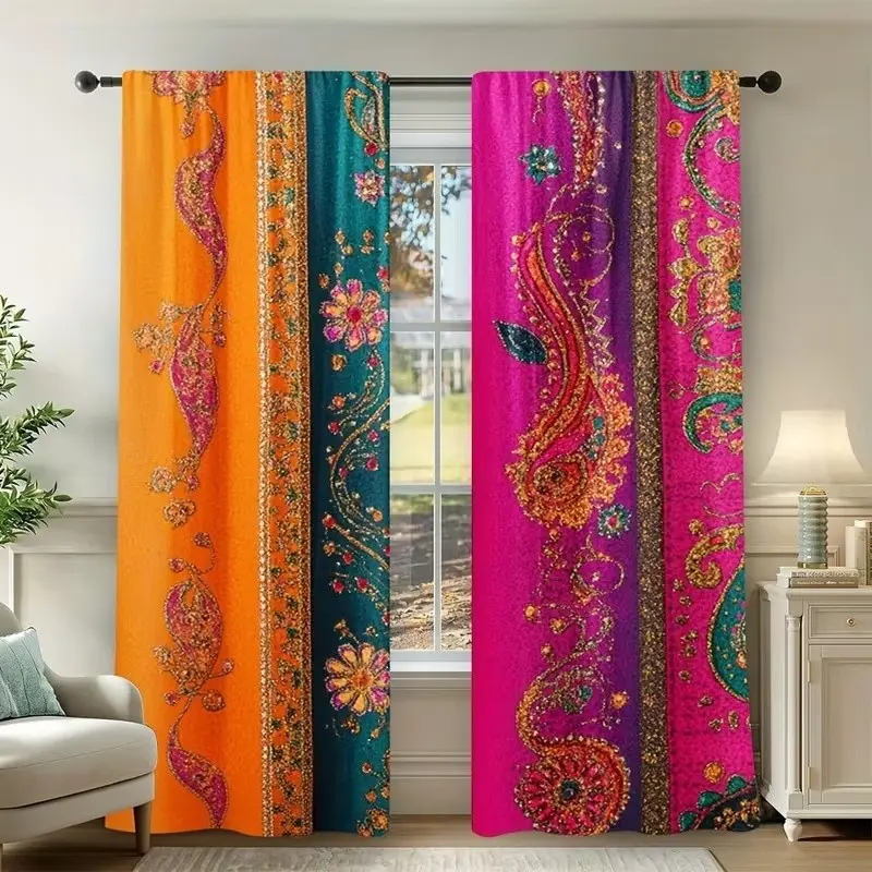 2 Piece Polyester Vintage Theme Curtains, Floral Totem Pattern Rod Pocket Drapes, Ideal for Bedroom and Living Room Decor, Window Drapes, Home Decorative Curtain, Home Decoration Curtain